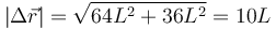 |\Delta\vec{r}| = \sqrt{64L^2+36L^2}=10L