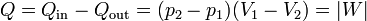 Q=Q_\mathrm{in}-Q_\mathrm{out}= (p_2-p_1)(V_1-V_2) = |W|\,
