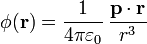 \phi(\mathbf{r}) = \frac{1}{4\pi\varepsilon_0}\,\frac{\mathbf{p}\cdot\mathbf{r}}{r^3}