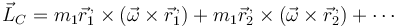 \vec{L}_C = m_1\vec{r}^{\,,}_1\times(\vec{\omega}\times\vec{r}_1^{\,,})+m_1\vec{r}^{\,,}_2\times(\vec{\omega}\times\vec{r}_2^{\,,}) + \cdots