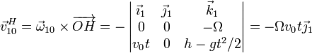 \vec{v}^H_{10}=\vec{\omega}_{10}\times\overrightarrow{OH}=-\left|\begin{matrix}\vec{\imath}_1 & \vec{\jmath}_1 & \vec{k}_1 \\ 0 & 0 & -\Omega\\ v_0 t & 0 & h-gt^2/2\end{matrix}\right| = -\Omega v_0 t \vec{\jmath}_1