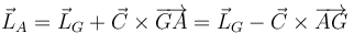 
\vec{L}_A = \vec{L}_G + \vec{C}\times\overrightarrow{GA}
 = \vec{L}_G - \vec{C}\times\overrightarrow{AG}
