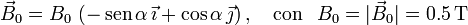 \vec{B}_0=B_0\!\ \left(-\,\mathrm{sen}\,\alpha\!\ \vec{\imath}+\cos\alpha\!\ \vec{\jmath}\right)\mathrm{,}\quad\,\mathrm{con}\,\;\;B_0=|\vec{B}_0|=0.5\,\mathrm{T}\,