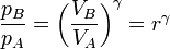 \frac{p_B}{p_A}=\left(\frac{V_B}{V_A}\right)^\gamma = r^\gamma