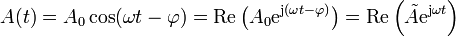 A(t)=A_0\cos(\omega t-\varphi)=\mathrm{Re}\left(A_0\mathrm{e}^{\mathrm{j}(\omega 
t-\varphi)}\right)=\mathrm{Re}\left(\tilde{A}\mathrm{e}^{\mathrm{j}\omega t}\right)