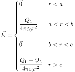 \vec{E}=\begin{cases} \vec{0} & r < a \\ & \\ \dfrac{Q_1}{4\pi\varepsilon_0 r^2} & a < r < b \\ & \\ \vec{0} & b < r < c \\ & \\ \dfrac{Q_1+Q_2}{4\pi\varepsilon_0 r^2} & r > c \end{cases}