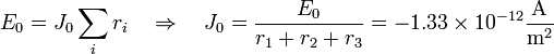 E_0=J_0\sum_ir_i\quad\Rightarrow\quad J_0=\frac{E_0}{r_1+r_2+r_3}= -1.33\times
10^{-12} \frac{\mathrm{A}}{\mathrm{m}^2}