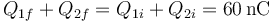 Q_{1f}+Q_{2f}=Q_{1i}+Q_{2i}=60\,\mathrm{nC}