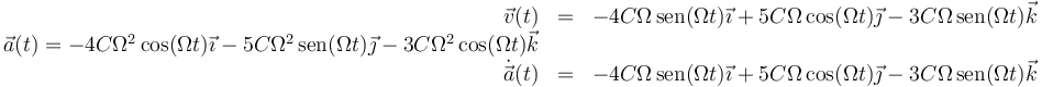 \begin{array}{rlc}
\vec{v}(t) & = & -4C\Omega\,\mathrm{sen}(\Omega t)\vec{\imath}+ 5C\Omega\,\mathrm{cos}(\Omega t)\vec{\jmath}-3C\Omega\,\mathrm{sen}(\Omega t)\vec{k}\\ 
\vec{a}(t)=-4C\Omega^2\,\mathrm{cos}(\Omega t)\vec{\imath}- 5C\Omega^2\,\mathrm{sen}(\Omega t)\vec{\jmath}-3C\Omega^2\,\mathrm{cos}(\Omega t)\vec{k}\\
\dot{\vec{a}}(t) & = & -4C\Omega\,\mathrm{sen}(\Omega t)\vec{\imath}+ 5C\Omega\,\mathrm{cos}(\Omega t)\vec{\jmath}-3C\Omega\,\mathrm{sen}(\Omega t)\vec{k}\end{array}
