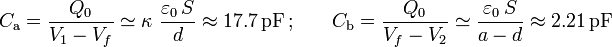 C_\mathrm{a}=\frac{Q_0}{V_1-V_f}\simeq\kappa\ \frac{\varepsilon_0\!\ S}{d}\approx 17.7\,\mathrm{pF}\,\mathrm{;}\qquad C_\mathrm{b}=\frac{Q_0}{V_f-V_2}\simeq \frac{\varepsilon_0\!\ S}{a-d}\approx 2.21\,\mathrm{pF}