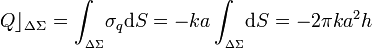 Q\rfloor_{\Delta \Sigma}=\int_{{}_{\Delta \Sigma}}\!\sigma_q \mathrm{d}S=-ka\int_{{}_{\Delta \Sigma}}\!\mathrm{d}S=-2\pi k a^2 h