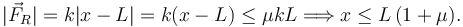 
|\vec{F}_R| = k|x-L| = k(x-L) \leq \mu kL 
\Longrightarrow
x\leq L\,(1+\mu).
