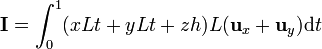 \mathbf{I} = \int_0^1 (xLt + yLt + zh)L(\mathbf{u}_x + \mathbf{u}_y)\mathrm{d}t 