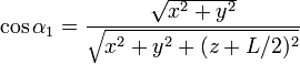 \cos\alpha_1=\frac{\sqrt{x^2+y^2}}{\sqrt{x^2+y^2+(z+L/2)^2}}