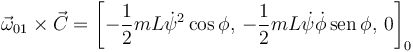 
\vec{\omega}_{01}\times\vec{C} = 
\left[
-\dfrac{1}{2}mL\dot{\psi}^2\cos\phi,
\, -\dfrac{1}{2}mL\dot{\psi}\dot{\phi}\,\mathrm{sen}\,\phi,
\, 0
\right]_0
