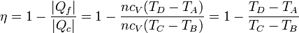 \eta = 1-\frac{|Q_f|}{|Q_c|}= 1 - \frac{nc_V(T_D-T_A)}{nc_V(T_C-T_B)}=1-\frac{T_D-T_A}{T_C-T_B}