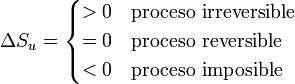 \Delta S_u=\begin{cases} > 0 & \mbox{proceso irreversible} \\ = 0 & \mbox{proceso reversible} \\ < 0 & \mbox{proceso imposible}\end{cases}