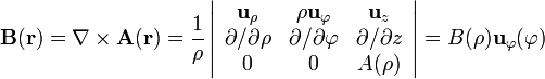 \mathbf{B}(\mathbf{r})=\nabla\times\mathbf{A}(\mathbf{r})=\frac{1}{\rho}\left|\begin{array}
{ccc}\mathbf{u}_{\rho} & \rho \mathbf{u}_{\varphi} & \mathbf{u}_z \\ \partial/\partial\rho &
\partial/\partial\varphi & \partial/\partial z \\ 0 & 0
 & A(\rho)
\end{array}\right|=B(\rho)\mathbf{u}_\varphi(\varphi)