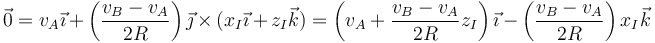 \vec{0}=v_A\vec{\imath}+\left(\frac{v_B-v_A}{2R}\right)\vec{\jmath}\times(x_I\vec{\imath}+z_I\vec{k})=\left(v_A+\frac{v_B-v_A}{2R}z_I\right)\vec{\imath}-\left(\frac{v_B-v_A}{2R}\right)x_I\vec{k}