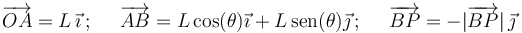 \overrightarrow{OA}=L\,\vec{\imath}\,;\,\,\,\,\,\,\,\,\overrightarrow{AB}=L\cos(\theta)\vec{\imath}+L\,\mathrm{sen}(\theta)\vec{\jmath}\,;\,\,\,\,\,\,\,\,\overrightarrow{BP}=-|\overrightarrow{BP}|\,\vec{\jmath}