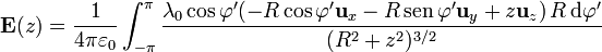 \mathbf{E}(z)=\frac{1}{4\pi\varepsilon_0}\int_{-\pi}^\pi \frac{\lambda_0\cos\varphi'(-R\cos\varphi'\mathbf{u}_x-R\,\mathrm{sen}\,\varphi'\mathbf{u}_y+z\mathbf{u}_z)\,R\,\mathrm{d}\varphi'}{(R^2+z^2)^{3/2}}