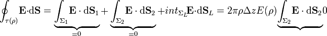 \oint_{\tau(\rho)}\!\mathbf{E}\cdot\mathrm{d}\mathbf{S}=\underbrace{\int_{\Sigma_1}\!\mathbf{E}\cdot\mathrm{d}\mathbf{S}_1}_{=0}+\underbrace{\int_{\Sigma_2}\!\mathbf{E}\cdot\mathrm{d}\mathbf{S}_2}_{=0}+int_{\Sigma_L}\!\mathbf{E}\cdot\mathrm{d}\mathbf{S}_L=2\pi\rho\Delta z E(\rho)\mathop{\underbrace{\int_{\Sigma_2}\!\mathbf{E}\cdot\mathrm{d}\mathbf{S}_2}}{0}