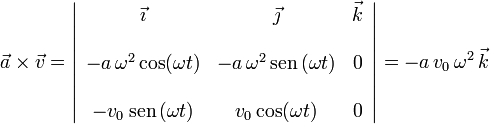 
\vec{a}\times\vec{v} = 
\left|
\begin{array}{ccc}
\vec{\imath} & \vec{\jmath} & \vec{k}
\\
&&\\
-a\,\omega^2\cos(\omega t) & -a\,\omega^2\,\mathrm{sen}\,(\omega t) & 0\\
&&\\
-v_0\,\mathrm{sen}\,(\omega t) & v_0\cos(\omega t) & 0
\end{array}
\right|
=
-a\,v_0\,\omega^2\,\vec{k}
