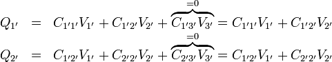 \begin{array}{rcl}Q_{1'}&=&C_{1'1'}V_{1'}+C_{1'2'}V_{2'} + \overbrace{C_{1'3'}V_{3'}}^{=0} =C_{1'1'}V_{1'}+C_{1'2'}V_{2'}\\
Q_{2'}&=&C_{1'2'}V_{1'}+C_{2'2'}V_{2'} + \overbrace{C_{2'3'}V_{3'}}^{=0} =C_{1'2'}V_{1'}+C_{2'2'}V_{2'}\end{array}