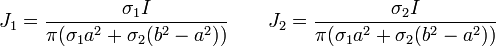 J_1=\frac{\sigma_1 I}{\pi(\sigma_1 a^2+\sigma_2(b^2-a^2))}\qquad
J_2=\frac{\sigma_2 I}{\pi(\sigma_1 a^2+\sigma_2(b^2-a^2))}
