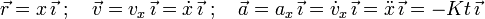 \vec{r}=x\,\vec{\imath}\,\, ;\,\,\,\,\,\, \vec{v}=v_x\,\vec{\imath}=\dot{x}\,\vec{\imath}\,\, ;\,\,\,\,\,\, \vec{a}=a_x\,\vec{\imath}=\dot{v}_x\,\vec{\imath}=\ddot{x}\,\vec{\imath}=-Kt\,\vec{\imath}