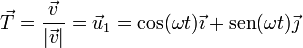 \vec{T}=\frac{\vec{v}}{|\vec{v}|}=\vec{u}_1 = \cos(\omega t)\vec{\imath}+\mathrm{sen}(\omega t)\vec{\jmath}