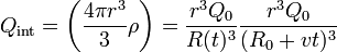 Q_\mathrm{int} = \left(\frac{4\pi r^3}{3}\rho\right) =
\frac{r^3 Q_0}{R(t)^3}\frac{r^3 Q_0}{(R_0+vt)^3}