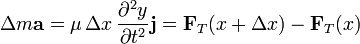 \Delta m \mathbf{a}=\mu\,\Delta x\,\frac{\partial^2y}{\partial t^2}\mathbf{j} = \mathbf{F}_T(x+\Delta x)-\mathbf{F}_T(x)