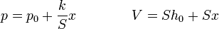p = p_0+\frac{k}{S}x\qquad\qquad V = Sh_0+Sx