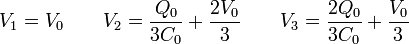 V_1 = V_0\qquad V_2 = \frac{Q_0}{3C_0}+\frac{2V_0}{3}\qquad V_3 = \frac{2Q_0}{3C_0}+\frac{V_0}{3}