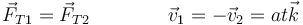 \vec{F}_{T1}=\vec{F}_{T2}\qquad\qquad \vec{v}_1=-\vec{v}_2=at\vec{k}