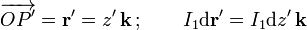 \overrightarrow{OP'}=\mathbf{r'}=z'\!\ \mathbf{k}\,\mathrm{;}\qquad\,I_1\mathrm{d}\mathbf{r'}=I_1\mathrm{d}z'\!\ \mathbf{k}