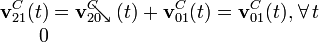 \begin{array}{l}\displaystyle\mathbf{v}_{21}^C(t)=\mathbf{v}_{20}^C\!\!\!\!\!\searrow (t)+\mathbf{v}_{01}^C(t)=\mathbf{v}_{01}^C(t)\mathbf{,}\;\forall\, t\\ \qquad 0\end{array}
