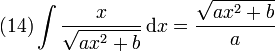 
  (14)
  \int\frac{\displaystyle x}{\displaystyle \sqrt{ax^2+b}}\,\mathrm{d} x = \frac{\displaystyle \sqrt{ax^2+b}}{\displaystyle a}

