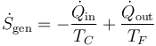 \dot{S}_\mathrm{gen}=-\frac{\dot{Q}_\mathrm{in}}{T_C}+\frac{\dot{Q}_\mathrm{out}}{T_F}