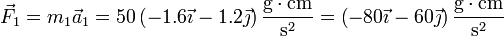 \vec{F}_1 = m_1\vec{a}_1 = 50\left(-1.6\vec{\imath}-1.2\vec{\jmath}\right)\frac{\mathrm{g}\cdot\mathrm{cm}}{\mathrm{s}^2} = \left(-80\vec{\imath}-60\vec{\jmath}\right)\frac{\mathrm{g}\cdot\mathrm{cm}}{\mathrm{s}^2}