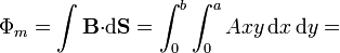 \Phi_m = \int \mathbf{B}{\cdot}\mathrm{d}\mathbf{S} = \int_0^b\int_0^a
A x y\,\mathrm{d}x\,\mathrm{d}y =