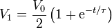 V_1 = \frac{V_0}{2}\left(1+\mathrm{e}^{-t/\tau}\right)