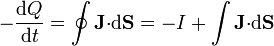 -\frac{\mathrm{d}Q}{\mathrm{d}t}=\oint\mathbf{J}{\cdot}\mathrm{d}\mathbf{S}=-I+\int
\mathbf{J}{\cdot}\mathrm{d}\mathbf{S}
