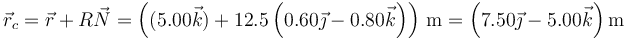 \vec{r}_c = \vec{r}+R\vec{N}=\left((5.00\vec{k})+12.5\left(0.60\vec{\jmath}-0.80\vec{k}\right)\right)\,\mathrm{m} = \left(7.50\vec{\jmath}-5.00\vec{k}\right)\mathrm{m}