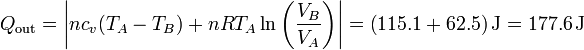 Q_\mathrm{out}=\left|nc_v(T_A-T_B)+nRT_A\ln\left(\frac{V_B}{V_A}\right)\right|=\left(115.1+62.5\right)\mathrm{J}=177.6\,\mathrm{J}