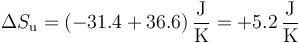 \Delta S_\mathrm{u}=(-31.4+36.6)\,\frac{\mathrm{J}}{\mathrm{K}}=+5.2\,\frac{\mathrm{J}}{\mathrm{K}}