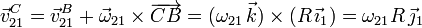 
  \vec{v}_{21}^C=\vec{v}_{21}^B+\vec{\omega}_{21}\times\overrightarrow{CB}=(\omega_{21}\,\vec{k})\times(R\,\vec{\imath}_1)=\omega_{21}R\,\vec{\jmath}_1 
