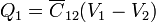 
Q_1 =\overline{C}_{12}(V_1-V_2)