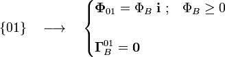 \{01\}\quad\longrightarrow\quad\begin{cases}\displaystyle \mathbf{\Phi}_{01}=\Phi_B\ \mathbf{i}\ \mathrm{;}\quad \Phi_B\ge 0\\ \\
\displaystyle \mathbf{\Gamma}_B^{01}=\mathbf{0}\end{cases}